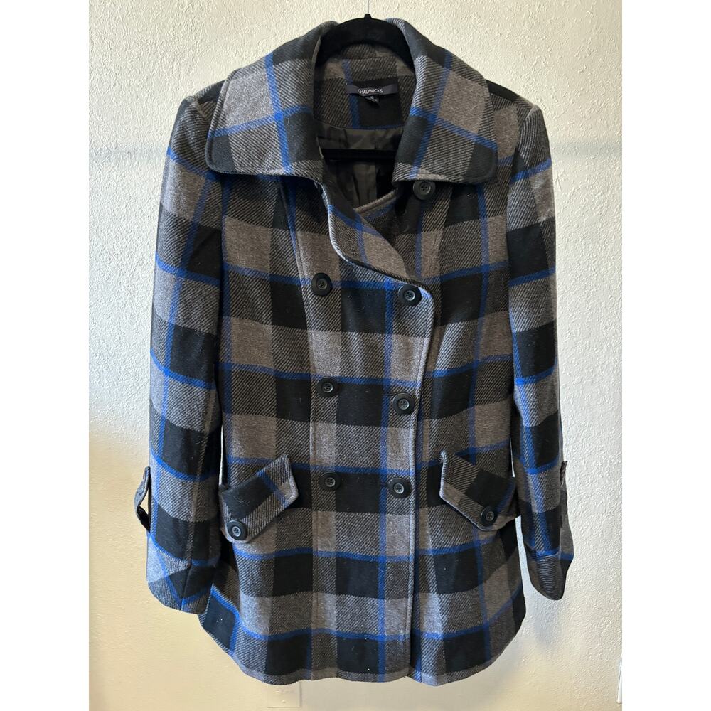 Chadwicks Wool Blend Coat Jacket Grey Blue Plaid Womens Size 10 Academia